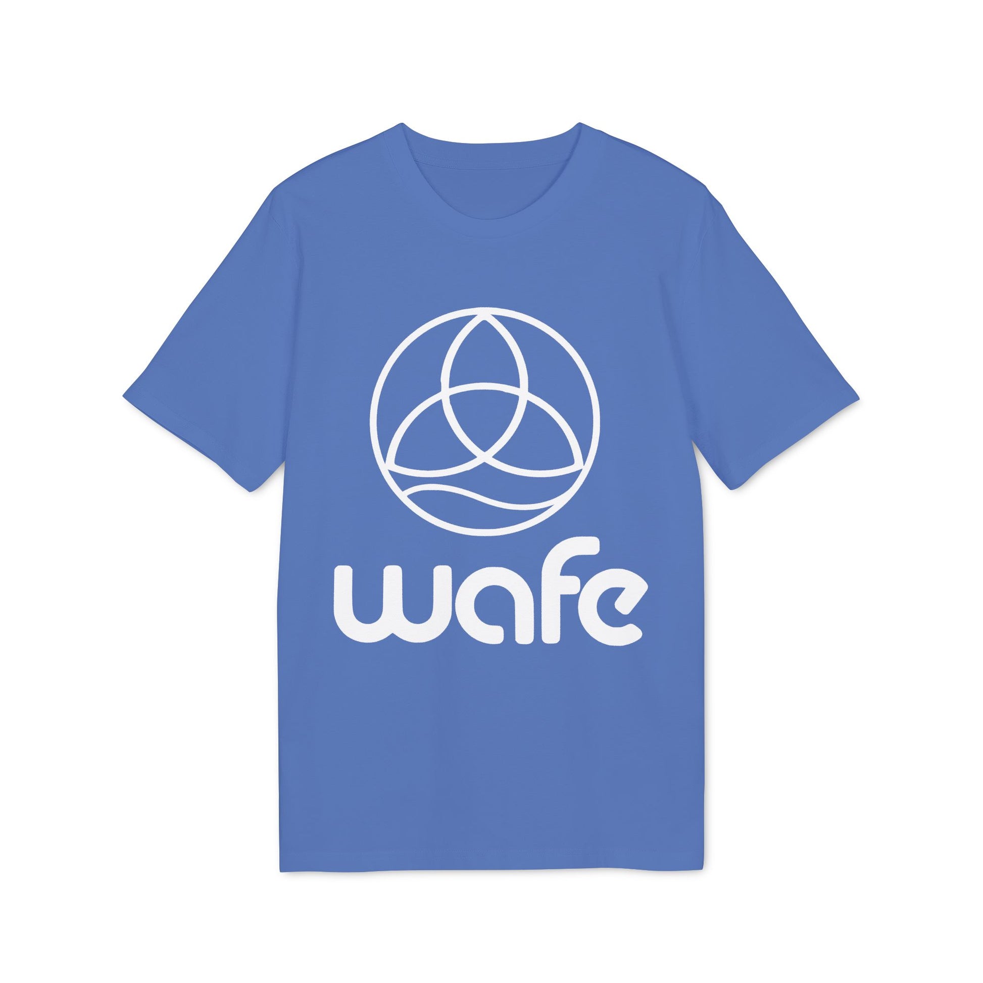 Wafe T-shirt Organic Cotton 100% blue unisex crew neck tee with white Wafe logo graphic, front view