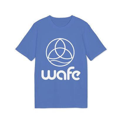 Wafe T-shirt Organic Cotton 100% blue unisex crew neck tee with white Wafe logo graphic, front view