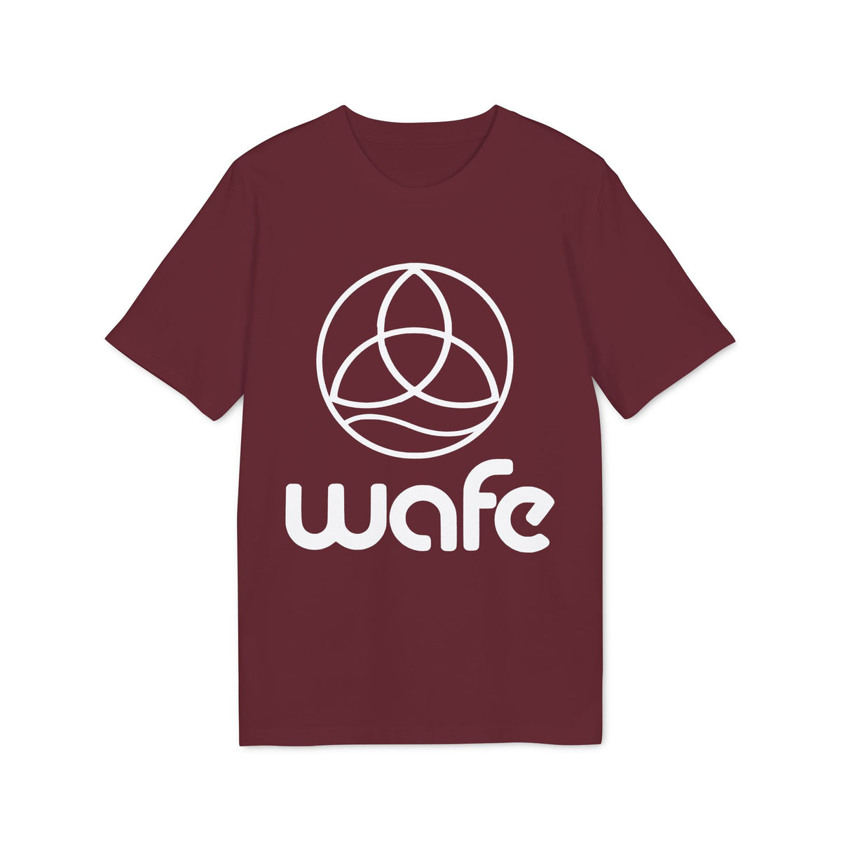 Alt Tag: Wafe T-shirt Organic Cotton 100% burgundy unisex tee with white Wafe logo, front view