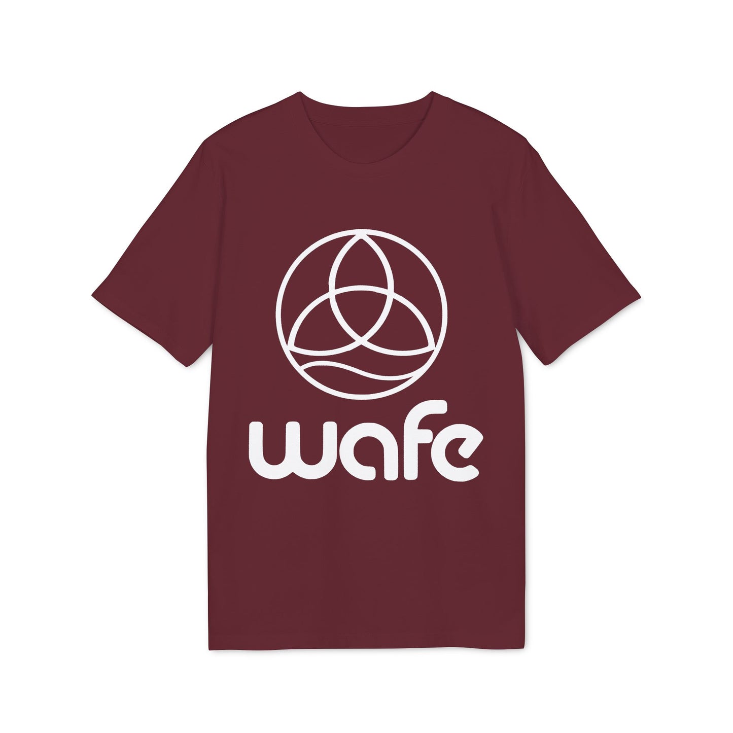 Alt Tag: Wafe T-shirt Organic Cotton 100% burgundy unisex tee with white Wafe logo, front view