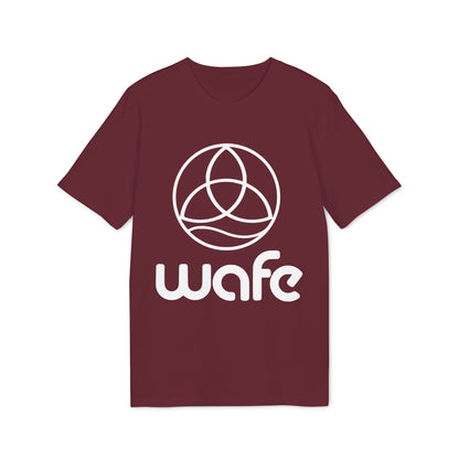 Alt Tag: Wafe T-shirt Organic Cotton 100% burgundy unisex tee with white Wafe logo, front view