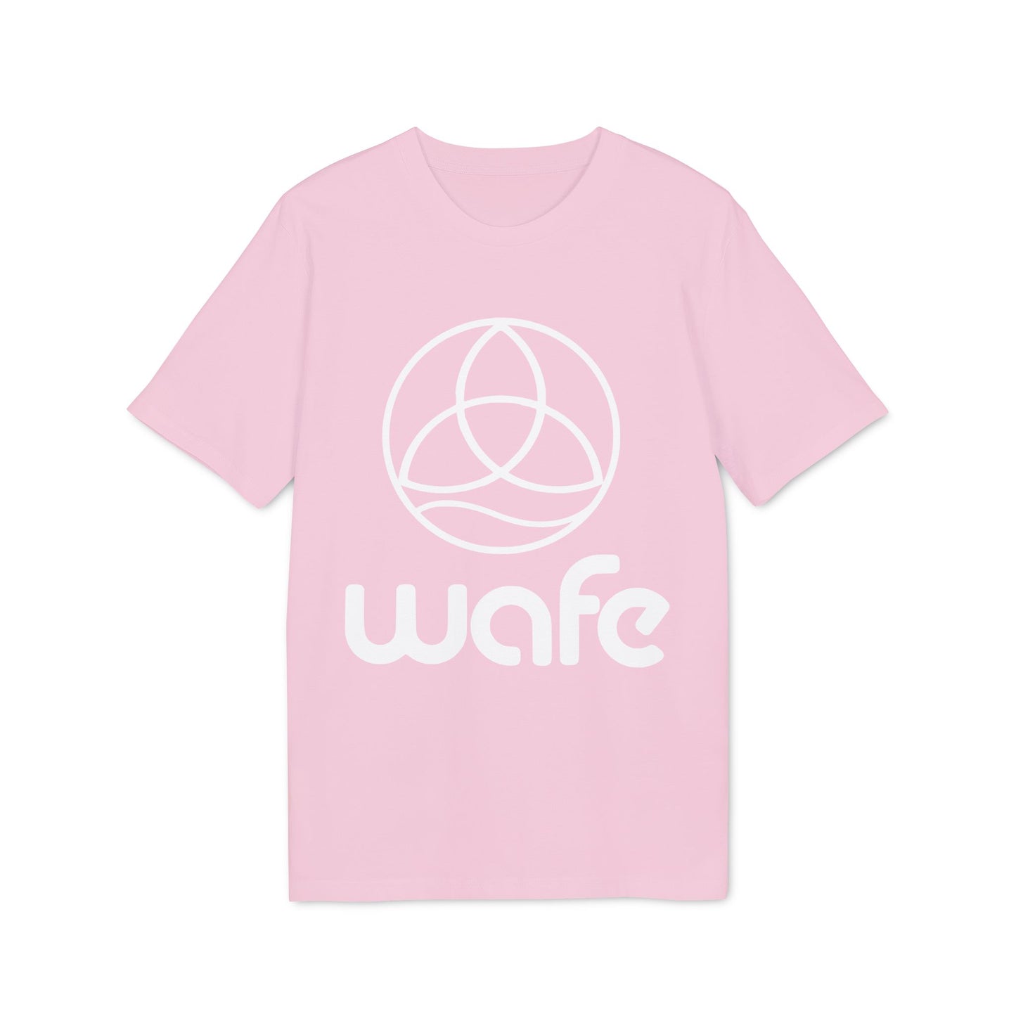 Alt Tag: Wafe T-shirt Organic Cotton 100% pink unisex t-shirt with white Wafe logo, short sleeves, crew neck
