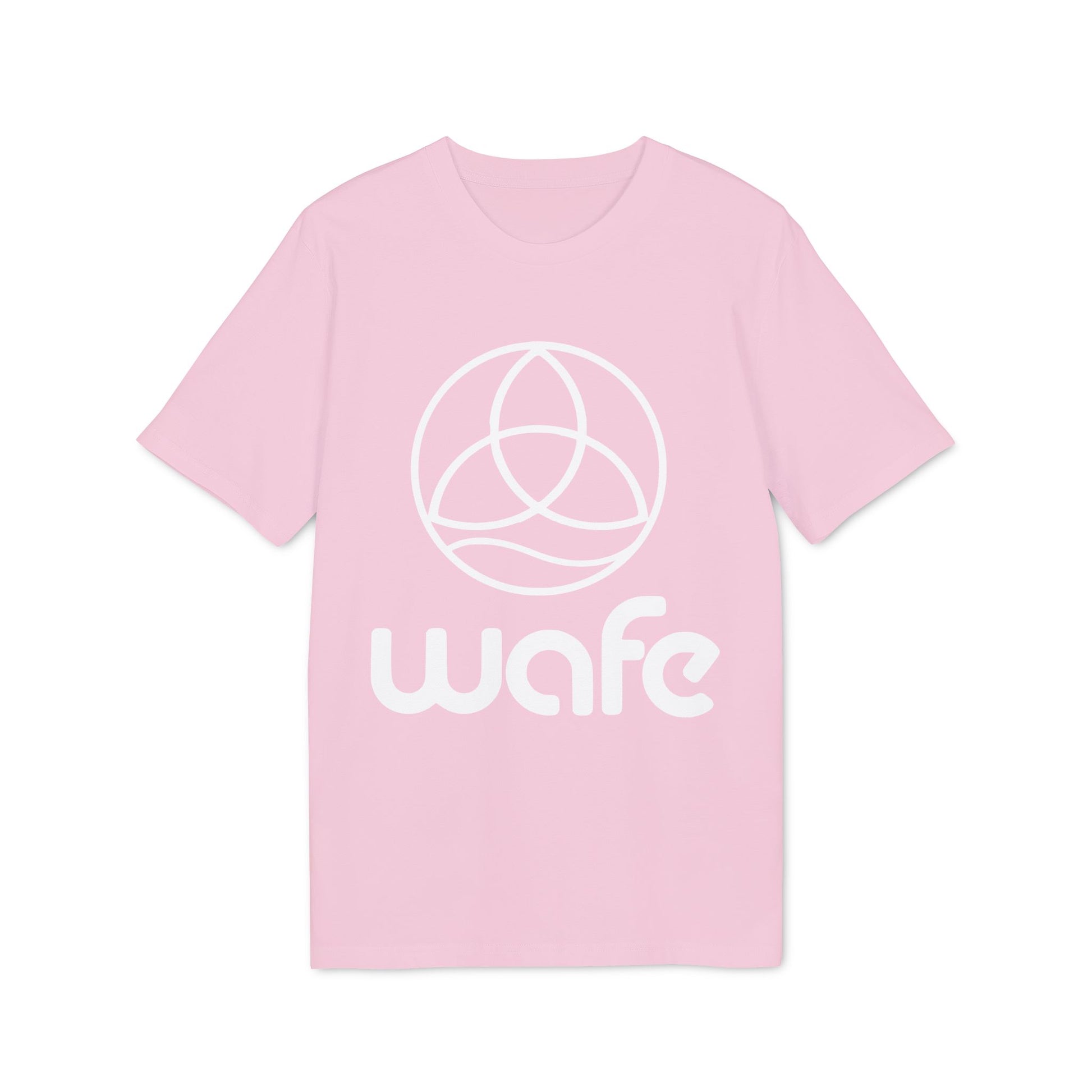 Alt Tag: Wafe T-shirt Organic Cotton 100% pink unisex t-shirt with white Wafe logo, short sleeves, crew neck
