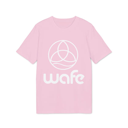 Alt Tag: Wafe T-shirt Organic Cotton 100% pink unisex t-shirt with white Wafe logo, short sleeves, crew neck