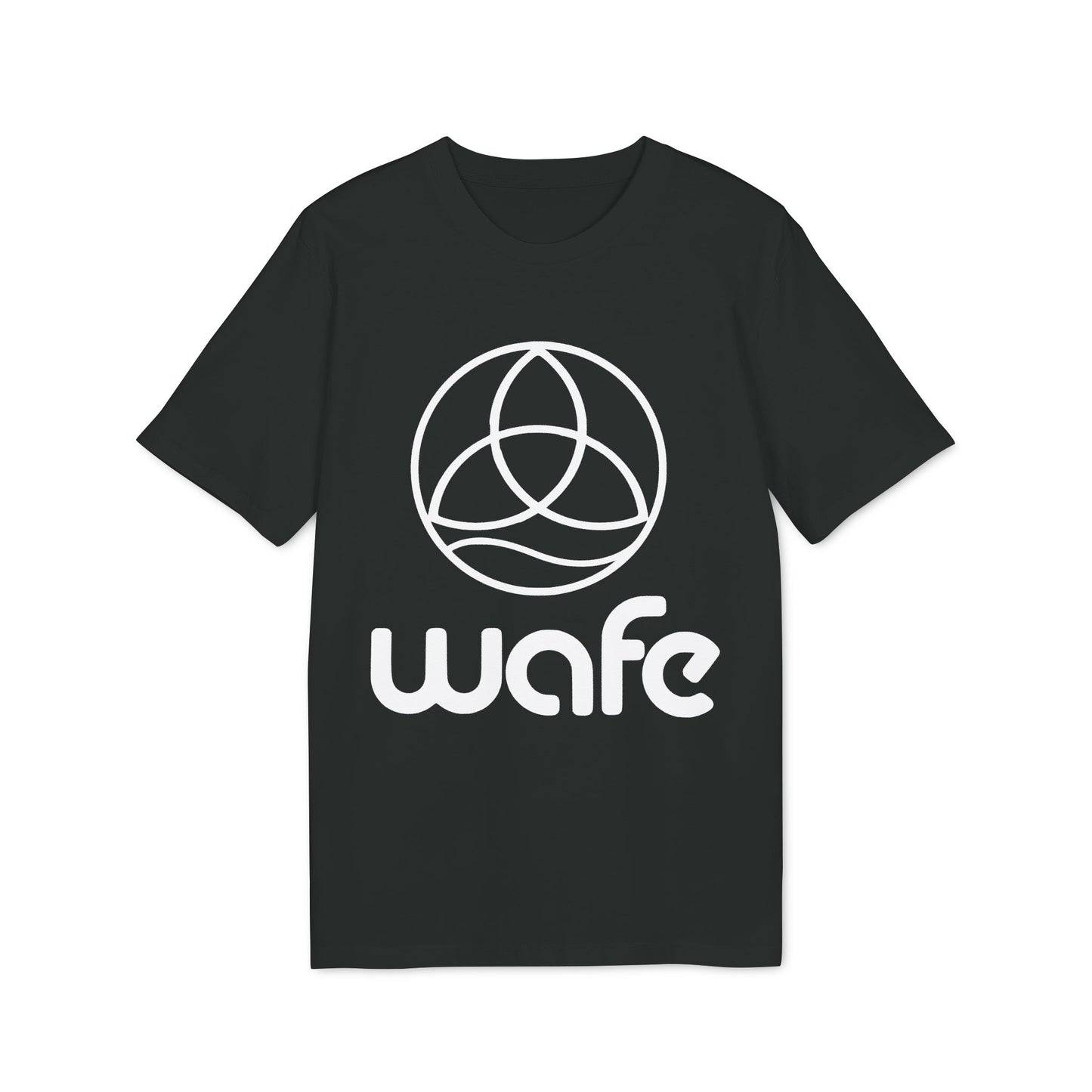 Alt Tag: Wafe T-shirt Organic Cotton 100% black unisex T-shirt with white Wafe logo and geometric circle graphic on front