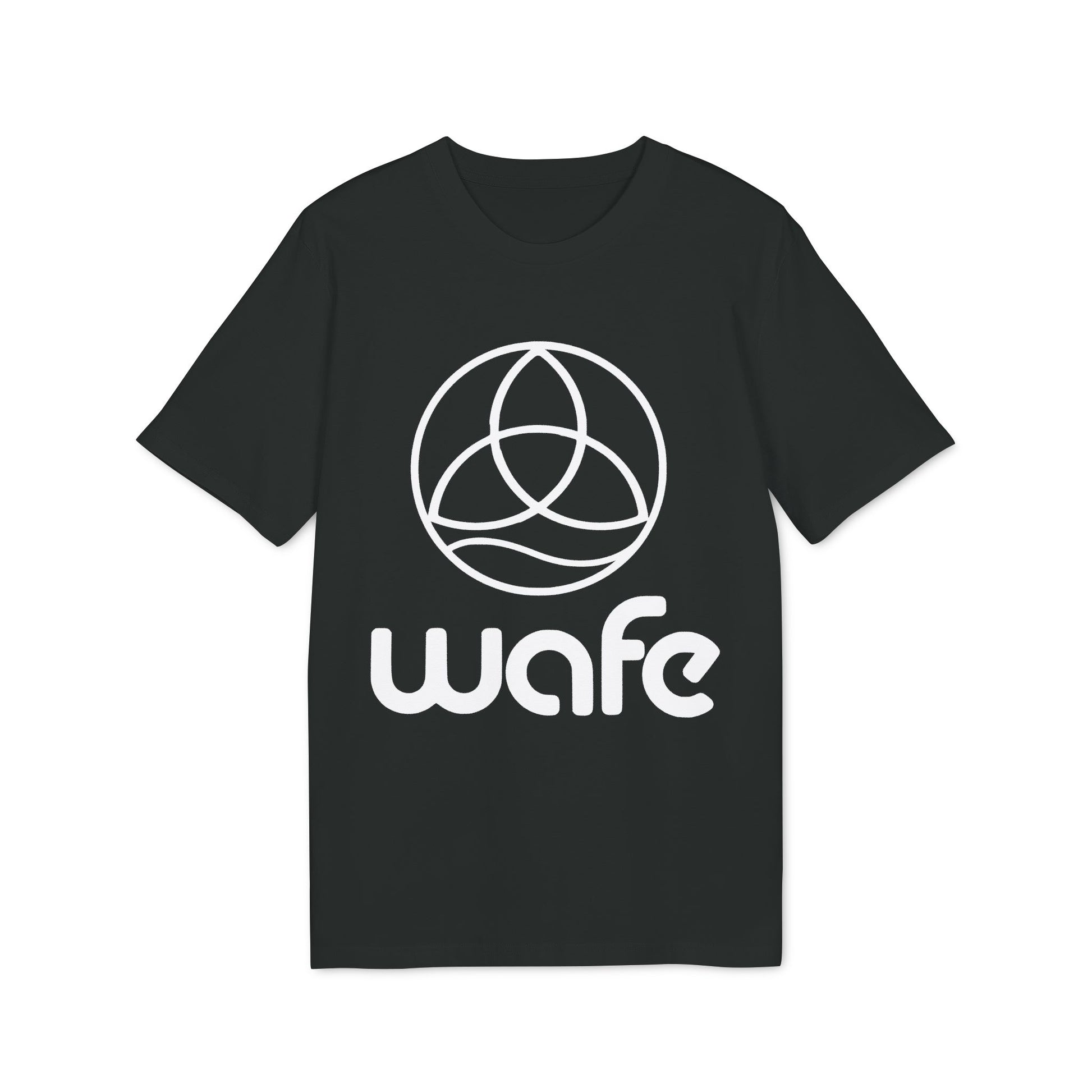 Alt Tag: Wafe T-shirt Organic Cotton 100% black unisex T-shirt with white Wafe logo and geometric circle graphic on front