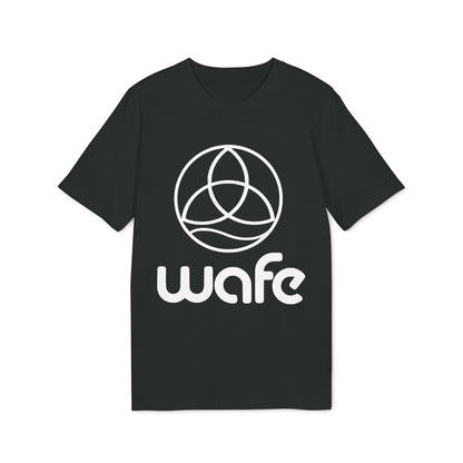Alt Tag: Wafe T-shirt Organic Cotton 100% black unisex T-shirt with white Wafe logo and geometric circle graphic on front