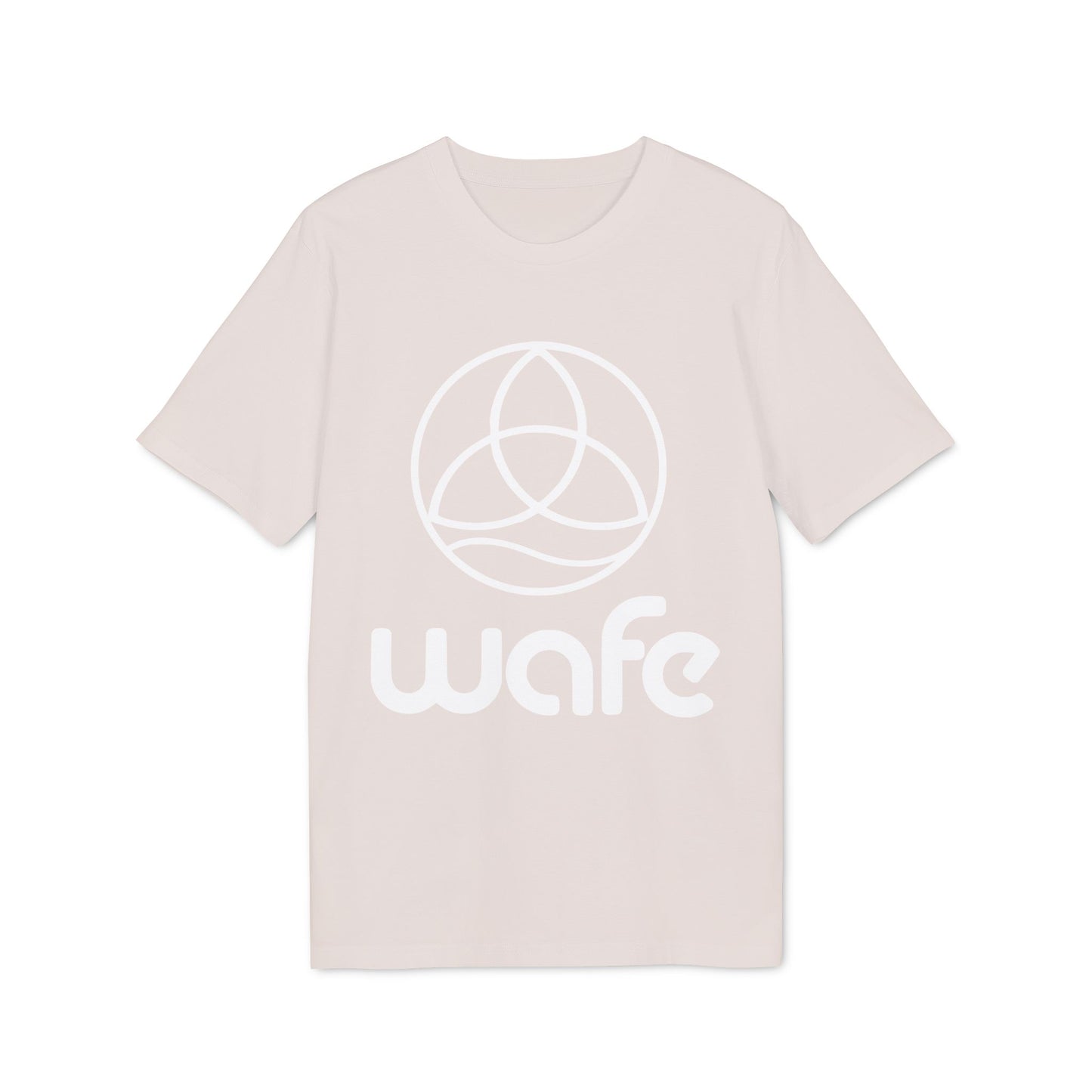 Alt Tag: Wafe T-shirt Organic Cotton 100% unisex beige tee, 100% organic cotton, front view with Wafe logo print