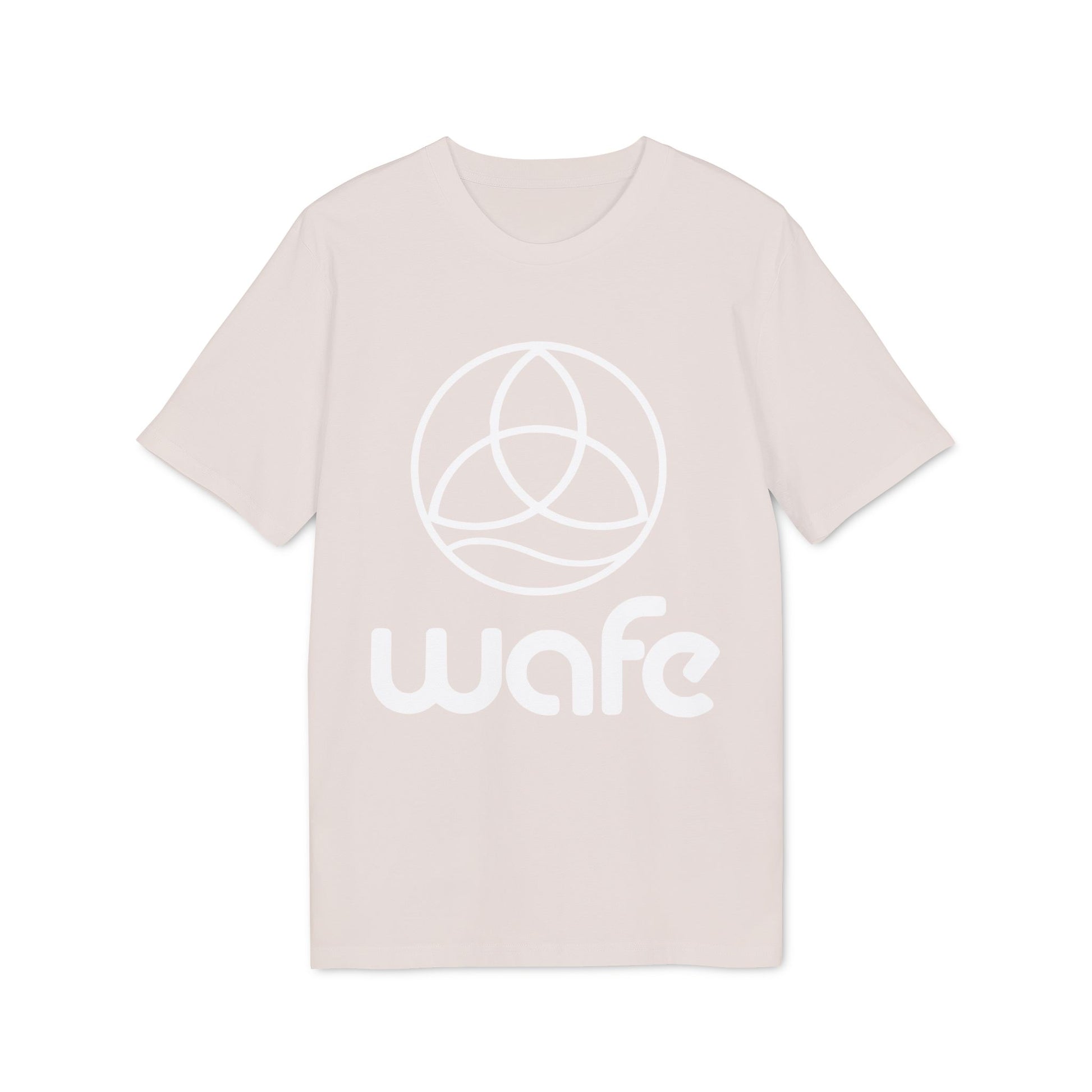 Alt Tag: Wafe T-shirt Organic Cotton 100% unisex beige tee, 100% organic cotton, front view with Wafe logo print