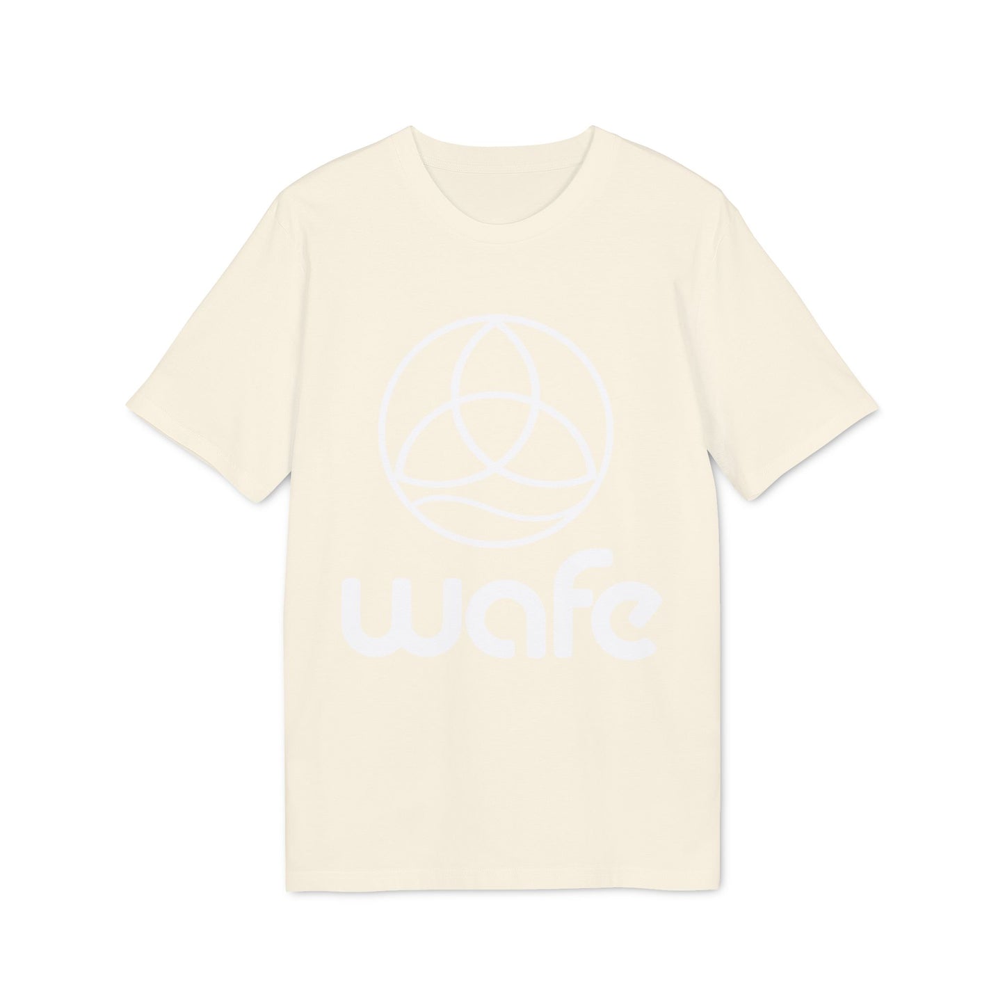 Alt Tag: Wafe T-shirt Organic Cotton 100% unisex organic cotton t-shirt in cream with Wafe logo graphic, front view