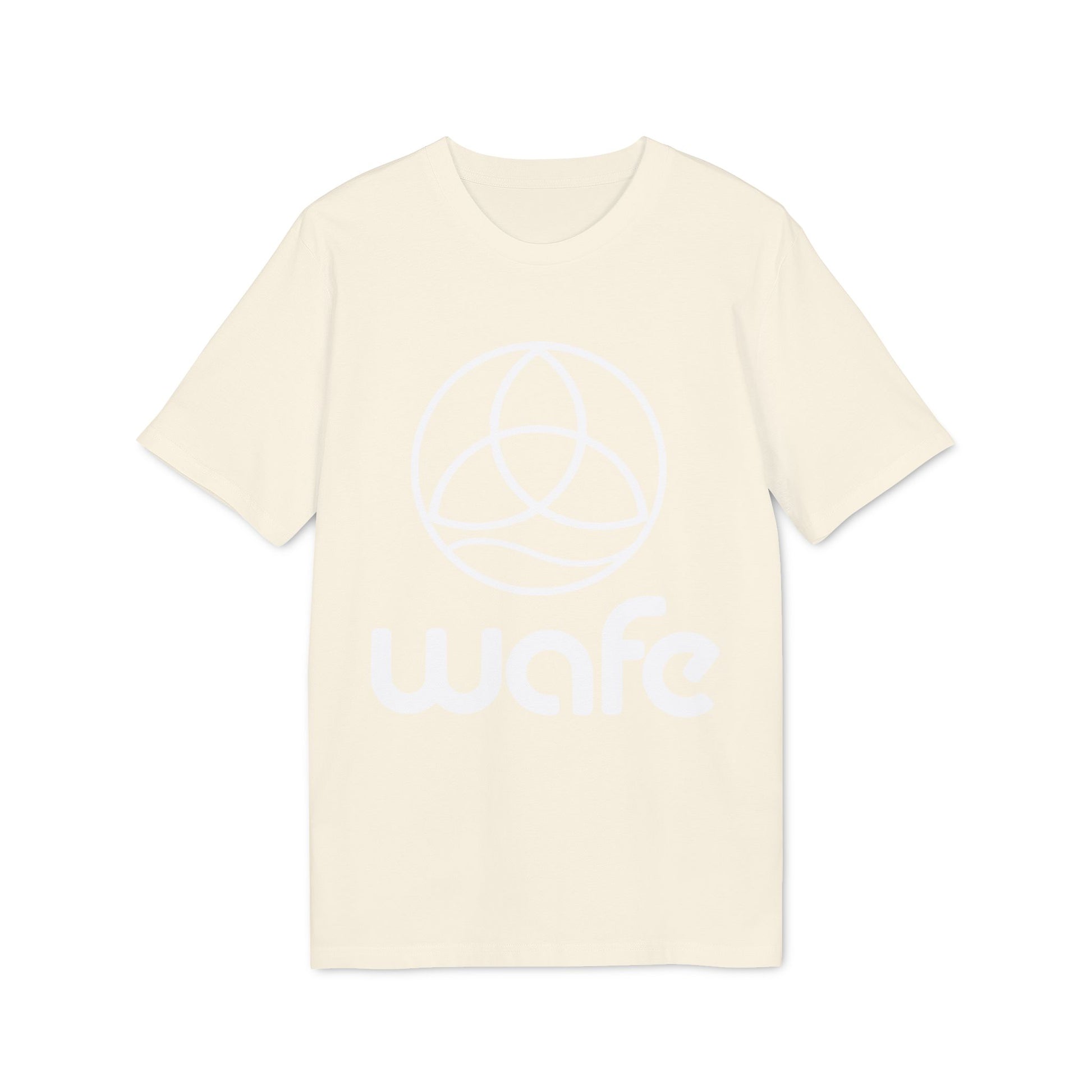 Alt Tag: Wafe T-shirt Organic Cotton 100% unisex organic cotton t-shirt in cream with Wafe logo graphic, front view