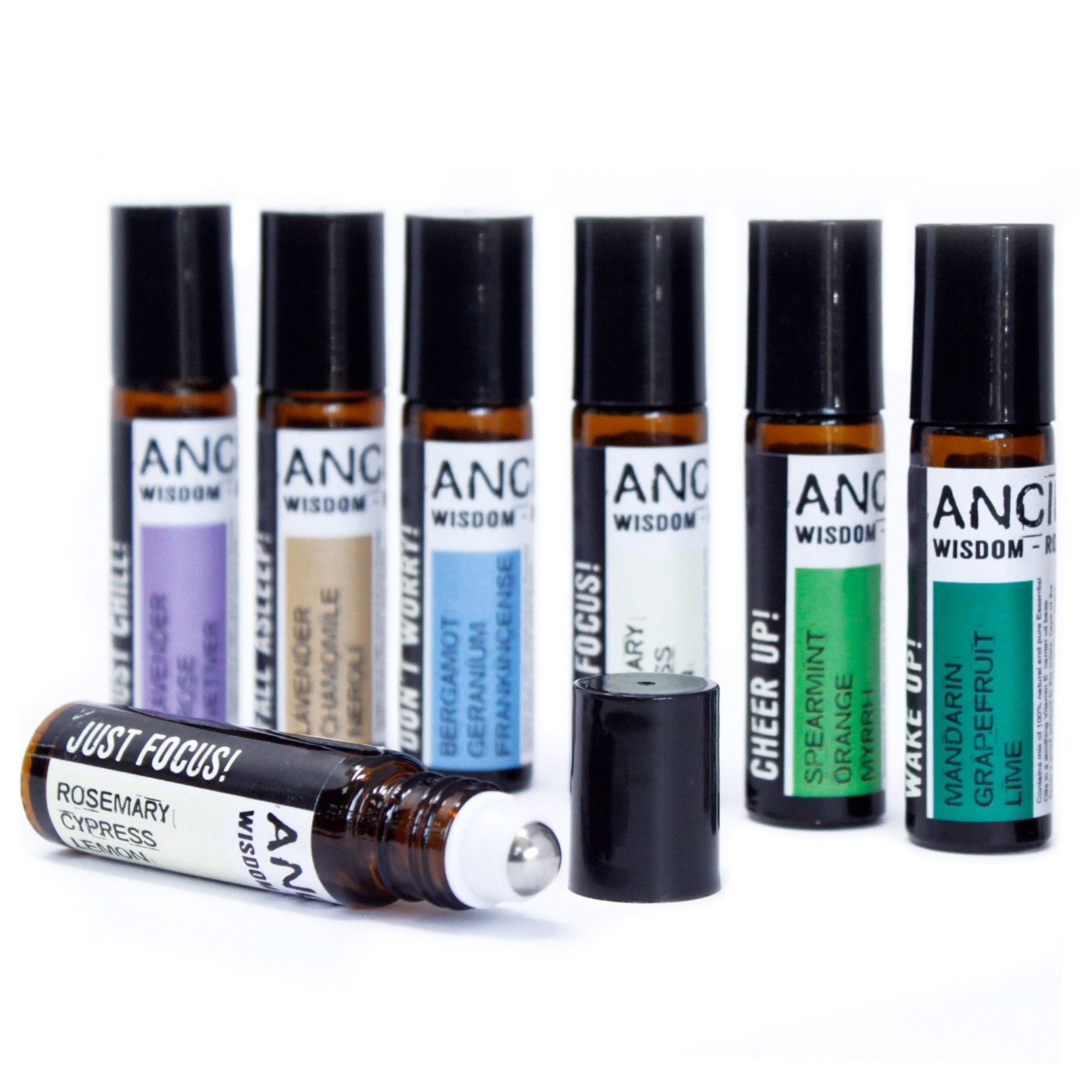 Wake-Up Roll-On ätherische Ölmischung – 10ML Roll-on-Fläschchen mit ätherischem Zitrusöl mit schwarzen Kappen und Etiketten vor weißem Hintergrund