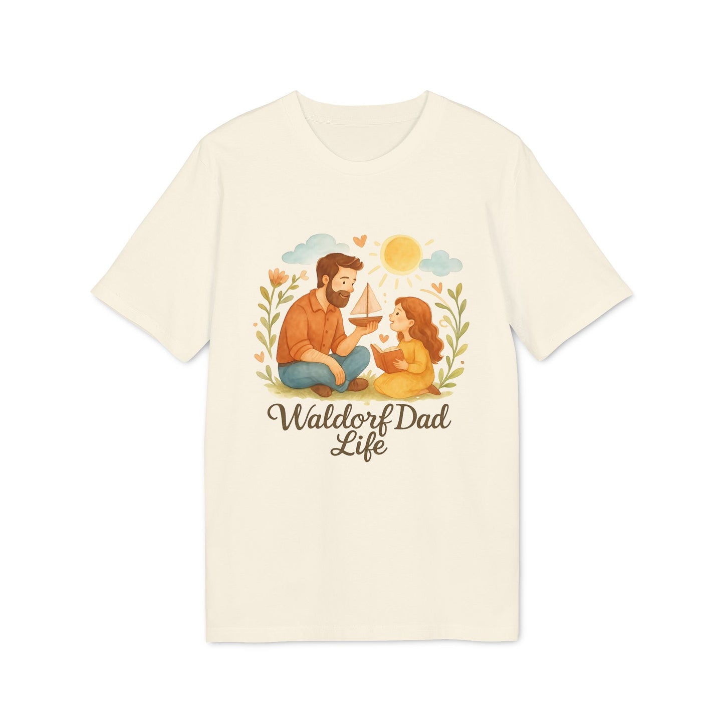 Alt Tag: Waldorf Dad Life 100% Organic Cotton T-Shirt cream tee with illustrated dad and child building blocks, sun and leaves graphic