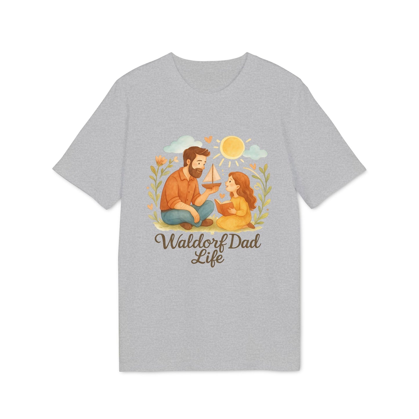 Alt Tag: Waldorf Dad Life 100% Organic Cotton T-Shirt, camiseta gris con ilustración de papá e hija sentados y texto “Waldorf Dad Life”