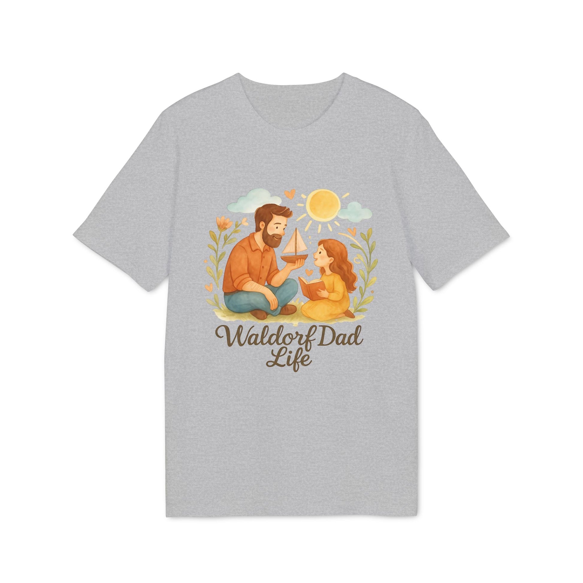 Alt Tag: Waldorf Dad Life 100% Organic Cotton T-Shirt, camiseta gris con ilustración de papá e hija sentados y texto “Waldorf Dad Life”