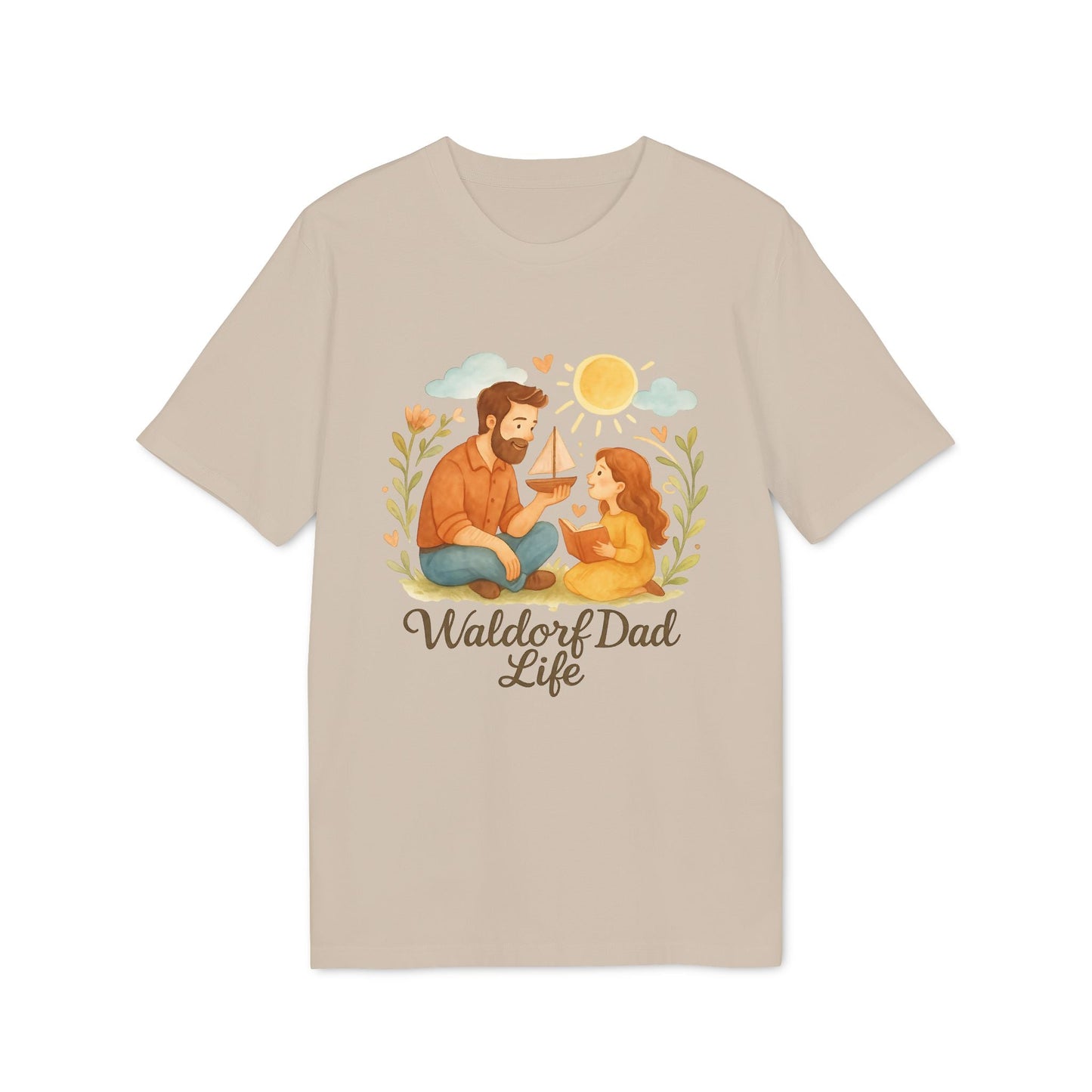 Waldorf Dad Life 100% Organic Cotton T-Shirt beige tee with dad and child illustration, sun and flowers, “Waldorf Dad Life” text