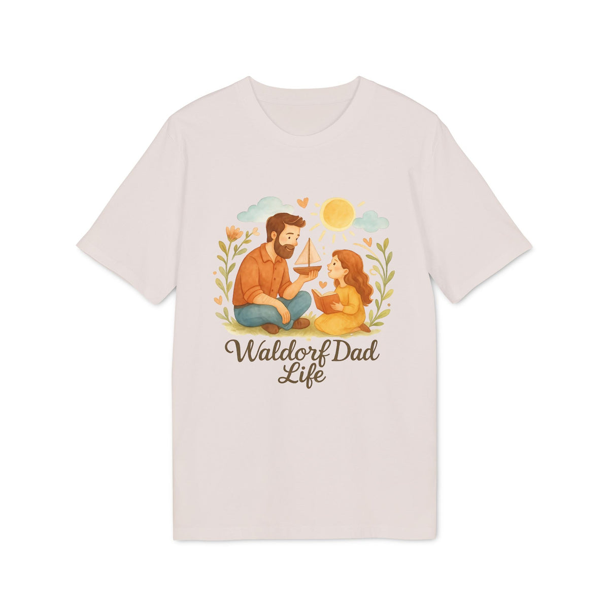 Waldorf Dad Life 100% Organic Cotton T-Shirt with illustrated dad and child playing, 