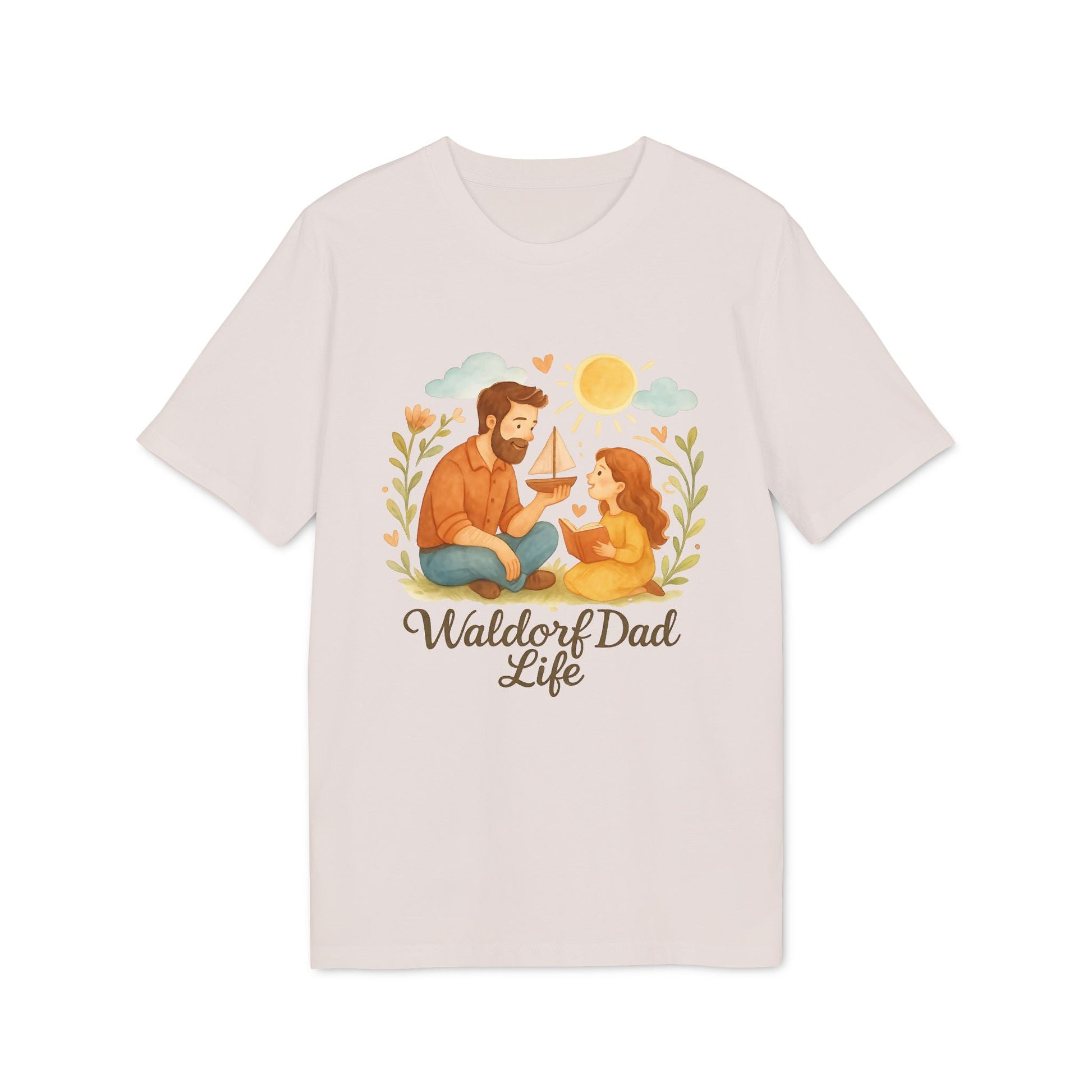 Waldorf Dad Life 100% Organic Cotton T-Shirt with illustrated dad and child playing, "Waldorf Dad Life" text on front
