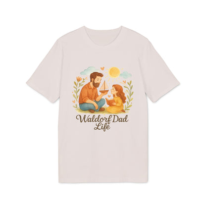 Waldorf Dad Life 100% Organic Cotton T-Shirt with illustrated dad and child playing, "Waldorf Dad Life" text on front