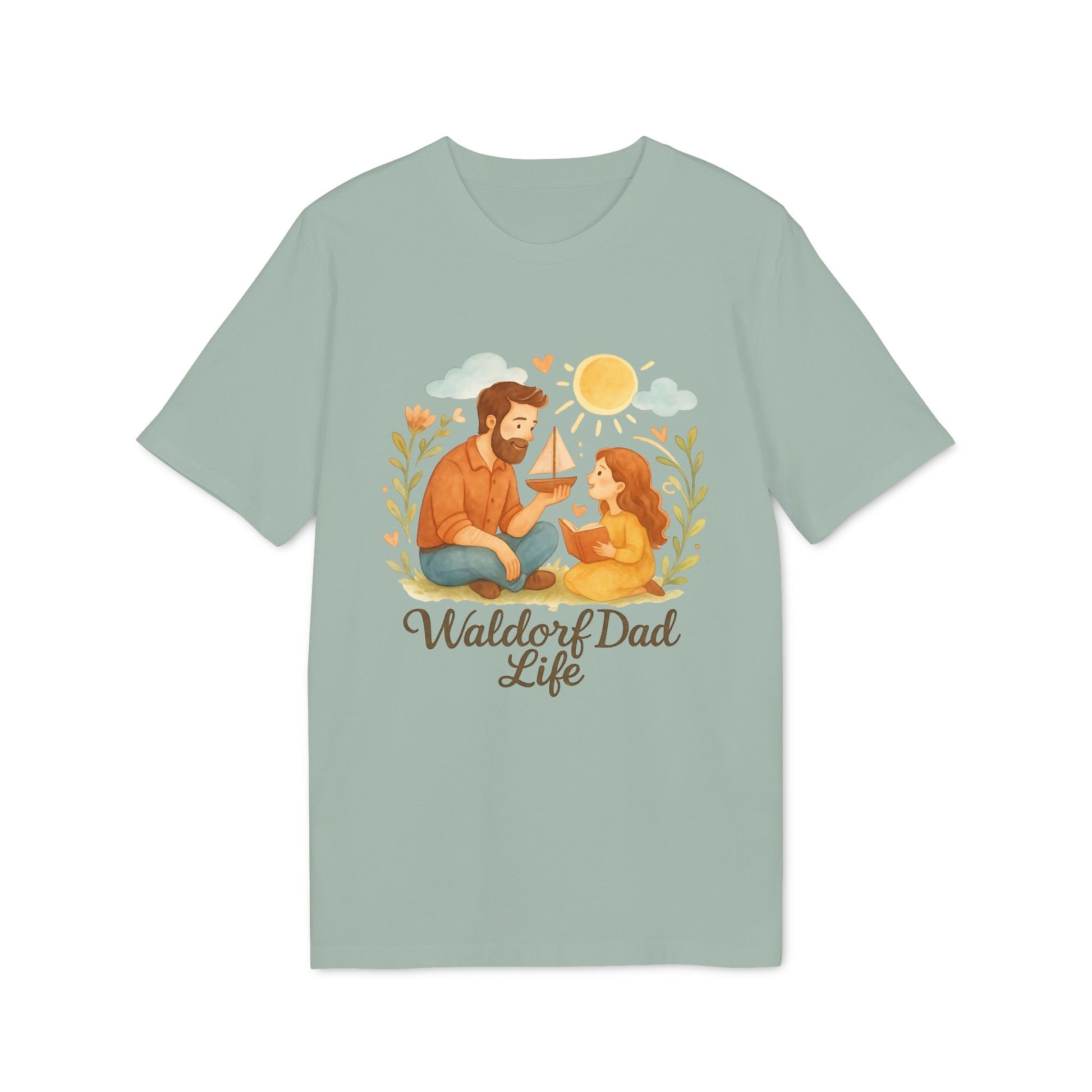 Waldorf Dad Life 100% Organic Cotton T-Shirt con ilustración de papá e hija sentados bajo el sol, camiseta verde salvia
