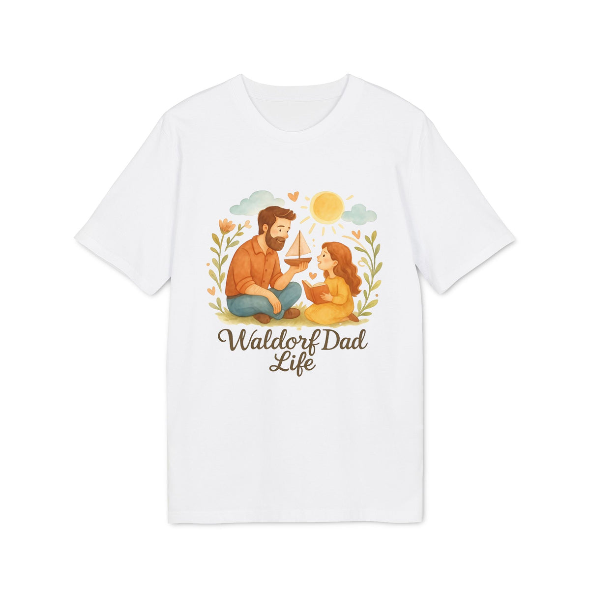 Waldorf Dad Life 100% Organic Cotton T-Shirt blanca con ilustración de papá e hija jugando, sol y plantas, texto “Waldorf Dad Life”
