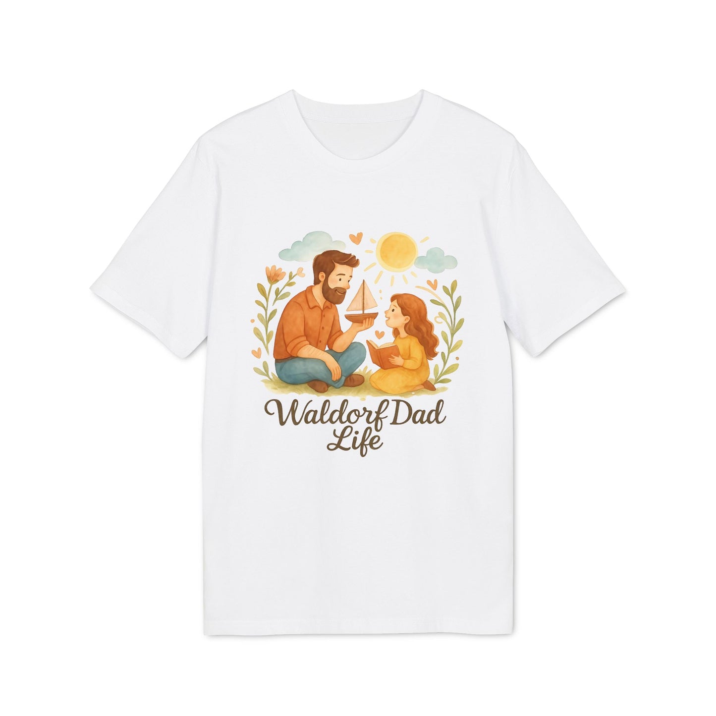 Waldorf Dad Life 100% Organic Cotton T-Shirt blanca con ilustración de papá e hija jugando, sol y plantas, texto “Waldorf Dad Life”