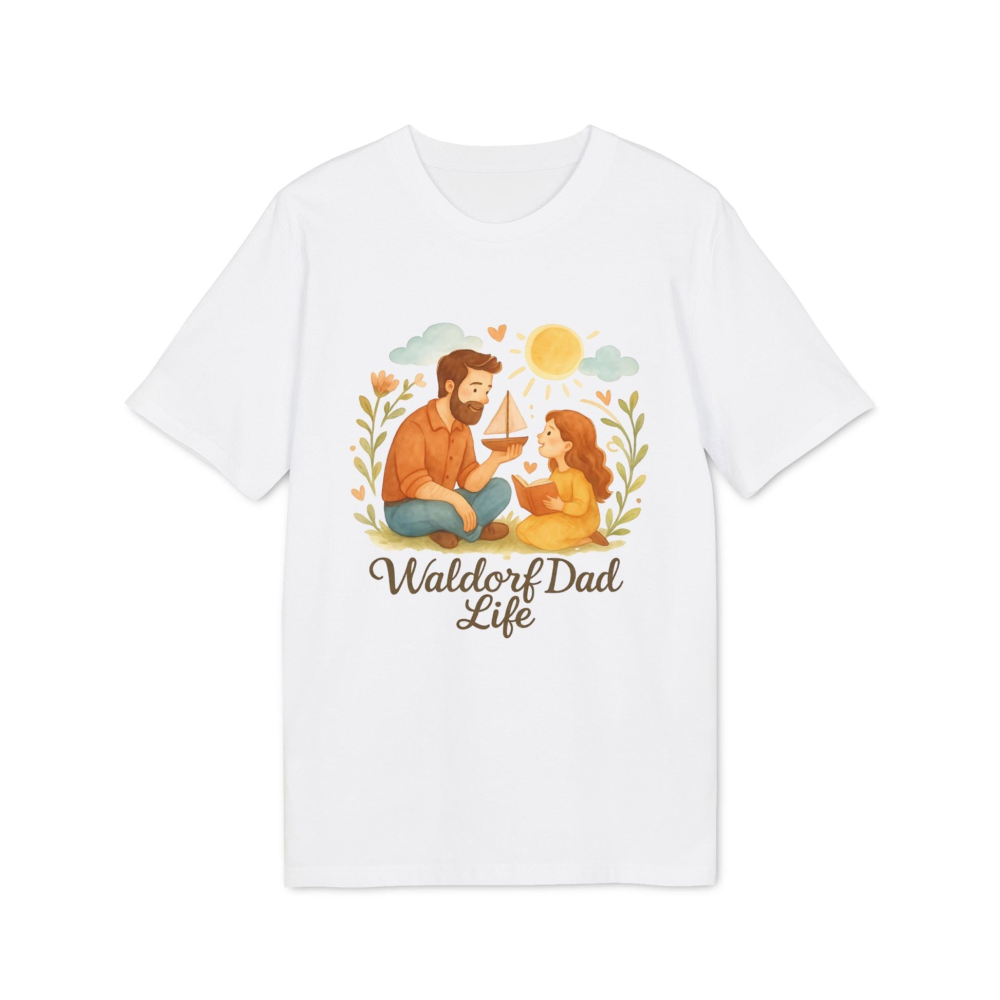 Waldorf Dad Life 100% Organic Cotton T-Shirt blanca con ilustración de papá e hija jugando, sol y plantas, texto “Waldorf Dad Life”