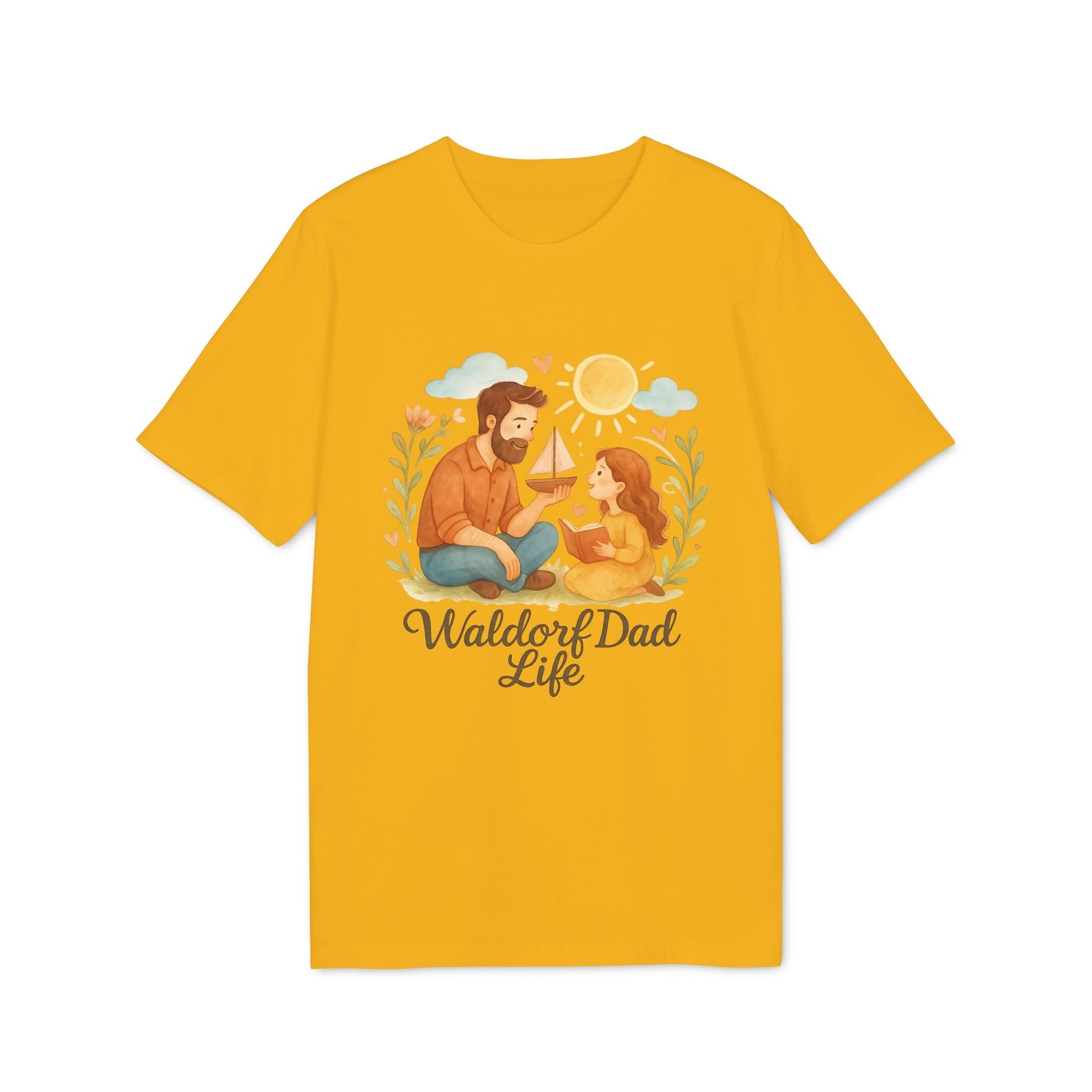 Waldorf Dad Life 100% Organic Cotton T-Shirt amarilla con ilustración de papá y niño bajo el sol, texto “Waldorf Dad Life”