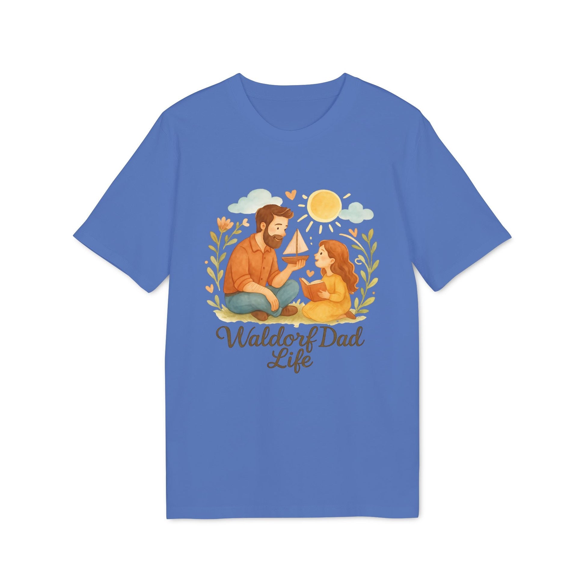 Waldorf Dad Life 100% Organic Cotton T-Shirt azul con ilustración de papá e hija sentados bajo el sol y el texto "Waldorf Dad Life"