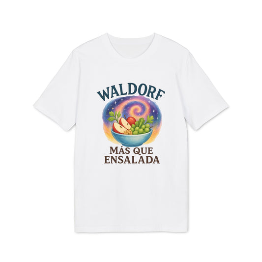 Alt Tag: Waldorf Mas Que Ensalada Organica Premium Unisex T-Shirt blanca con ilustración de bowl Waldorf y texto “Más que ensalada”