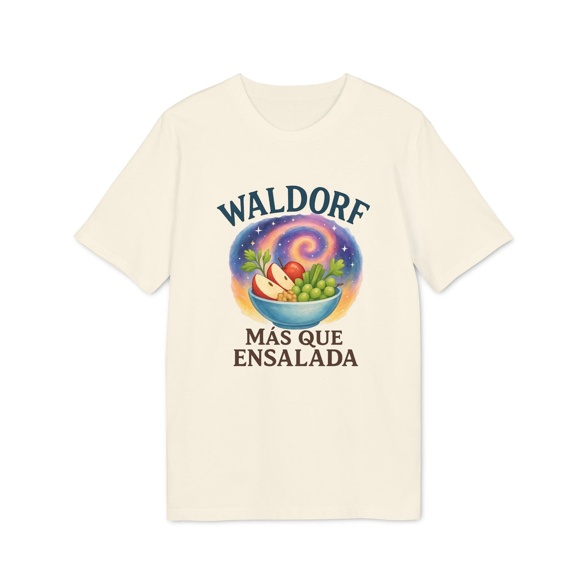 Waldorf Mas Que Ensalada Organica Premium Unisex T-Shirt color crema con gráfico de bol de ensalada y texto “WALDORF MÁS QUE ENSALADA”