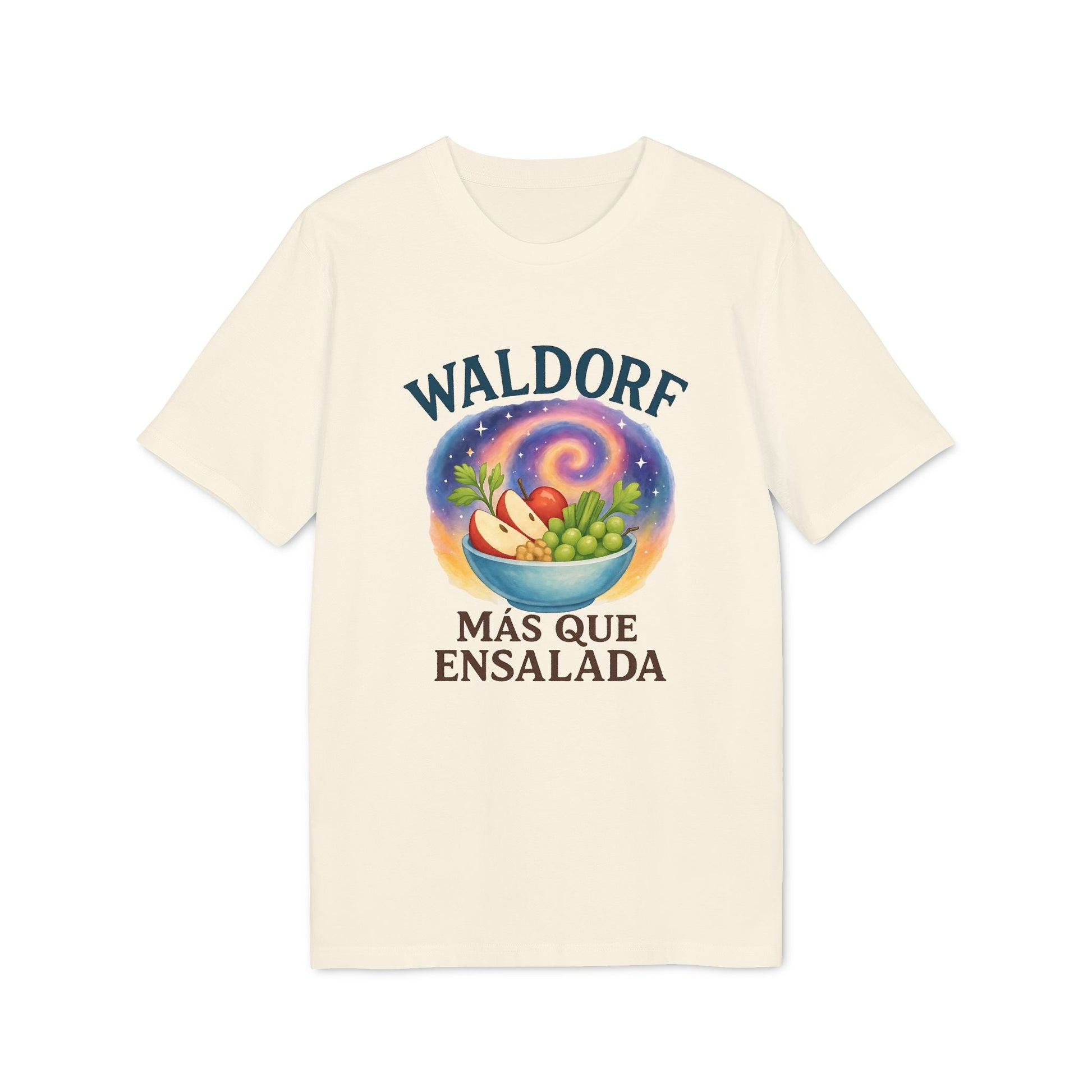Waldorf Mas Que Ensalada Organica Premium Unisex T-Shirt color crema con gráfico de bol de ensalada y texto “WALDORF MÁS QUE ENSALADA”