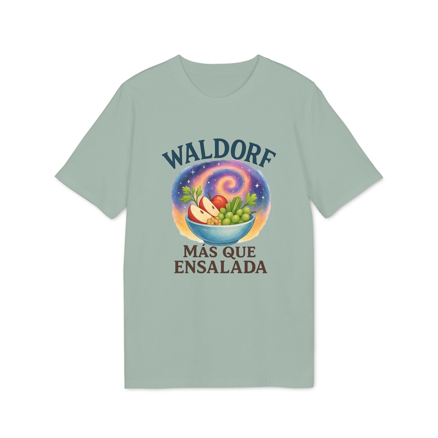 Waldorf Mas Que Ensalada Organica Premium Unisex T-Shirt con gráfico Waldorf Más Que Ensalada y bowl de frutas en camiseta verde claro