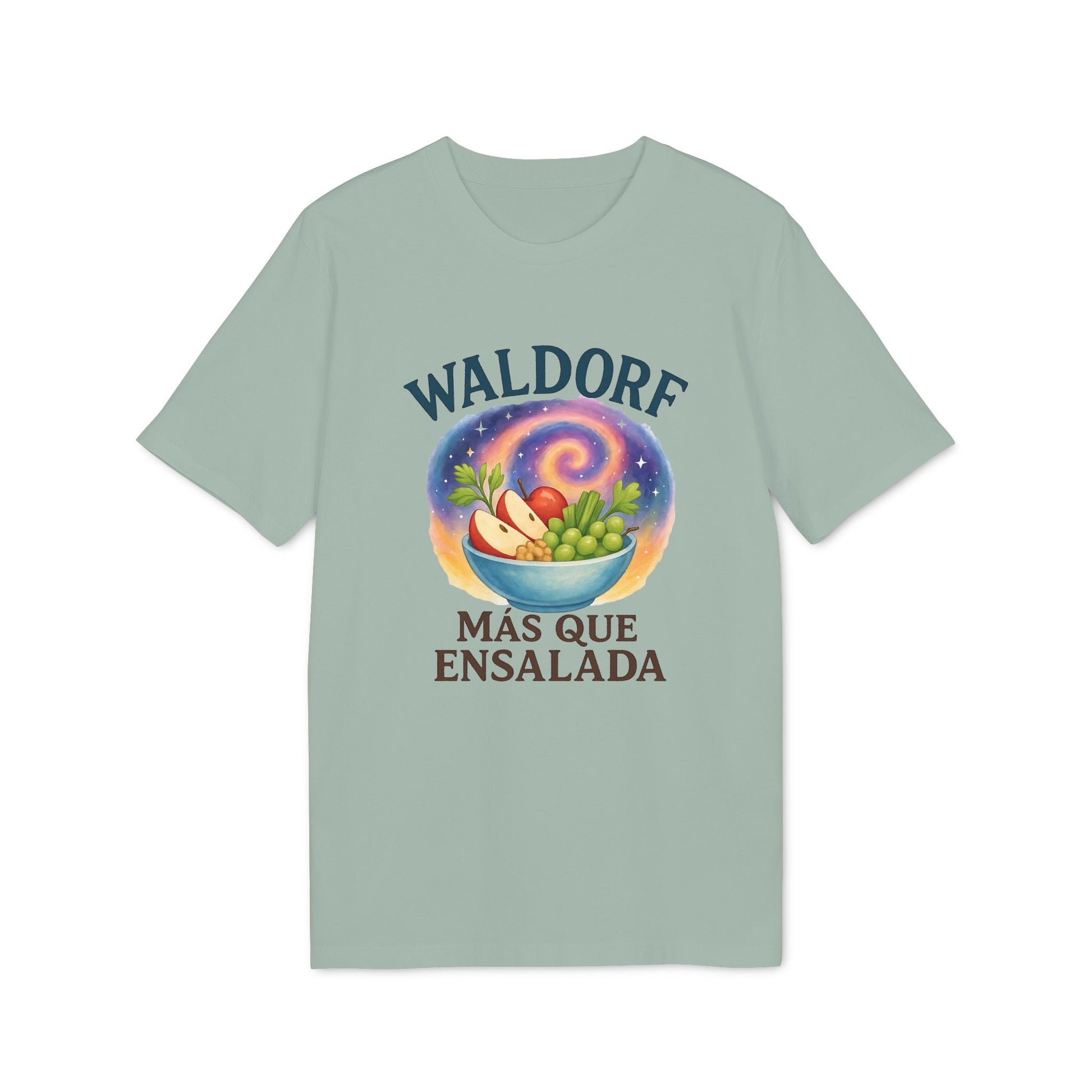 Waldorf Mas Que Ensalada Organica Premium Unisex T-Shirt con gráfico Waldorf Más Que Ensalada y bowl de frutas en camiseta verde claro