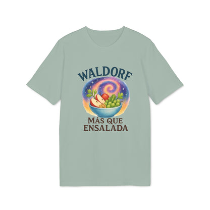 Waldorf Mas Que Ensalada Organica Premium Unisex T-Shirt con gráfico Waldorf Más Que Ensalada y bowl de frutas en camiseta verde claro
