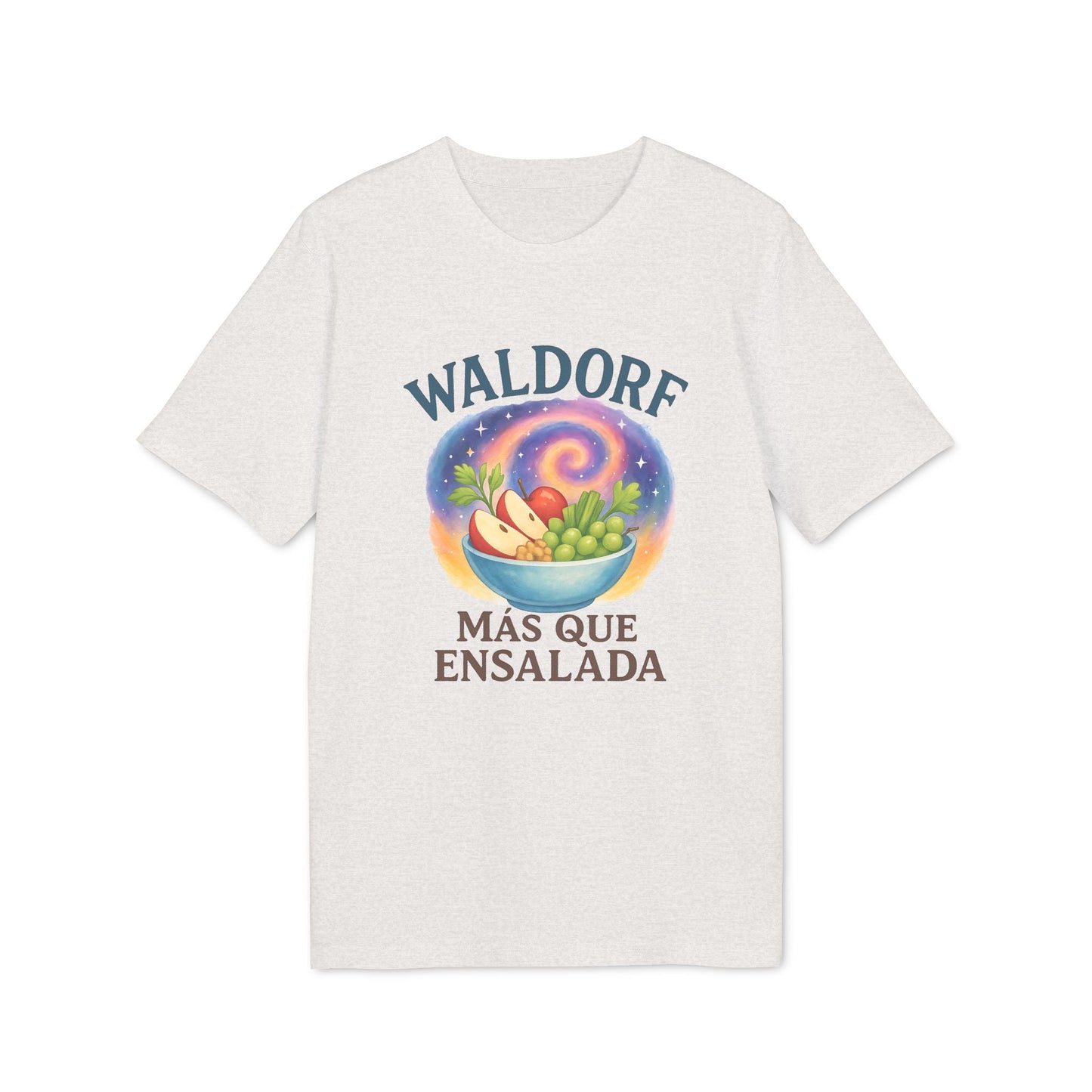 Alt Tag: Waldorf Mas Que Ensalada Organica Premium Unisex T-Shirt camiseta unisex blanca con ilustración de bowl Waldorf y texto “Más Que Ensalada”