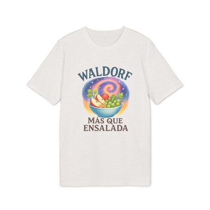 Alt Tag: Waldorf Mas Que Ensalada Organica Premium Unisex T-Shirt camiseta unisex blanca con ilustración de bowl Waldorf y texto “Más Que Ensalada”