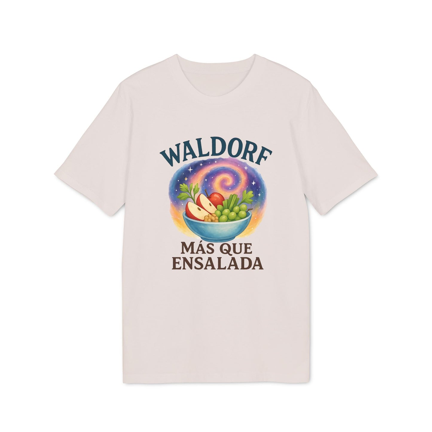 Waldorf Mas Que Ensalada Organica Premium Unisex T-Shirt en color crema con ilustración de bowl de fruta y texto “Waldorf Más Que Ensalada”