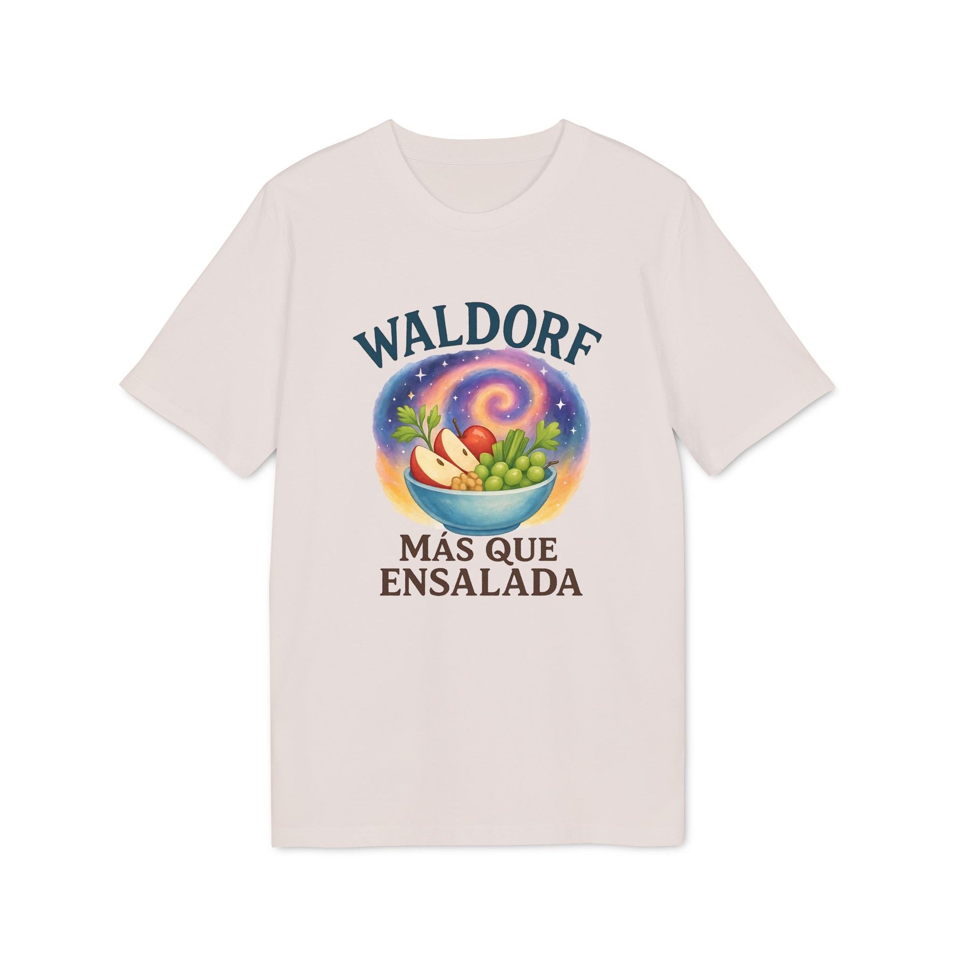 Waldorf Mas Que Ensalada Organica Premium Unisex T-Shirt en color crema con ilustración de bowl de fruta y texto “Waldorf Más Que Ensalada”
