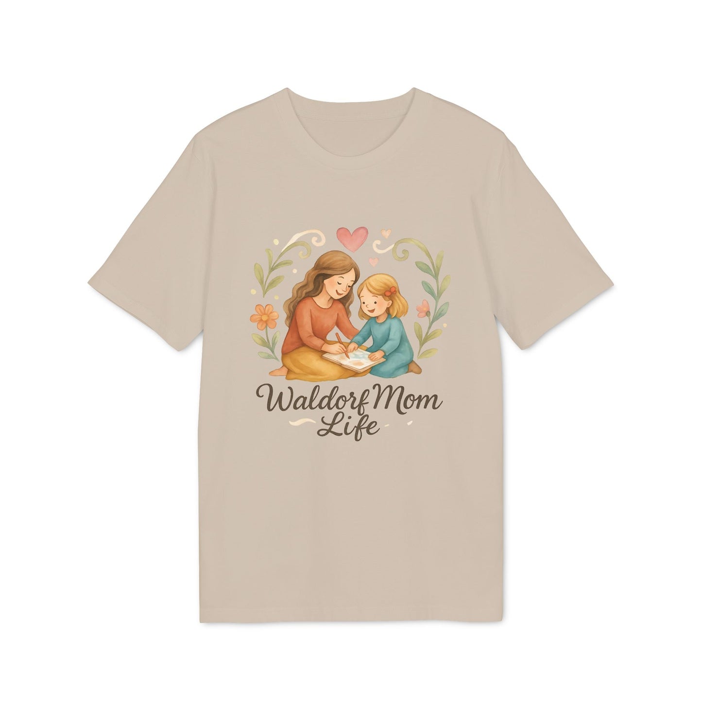 Alt Tag: Waldorf Mom Life 100% Organic Cotton T-Shirt beige tee with mother and child illustration and “Waldorf Mom Life” text