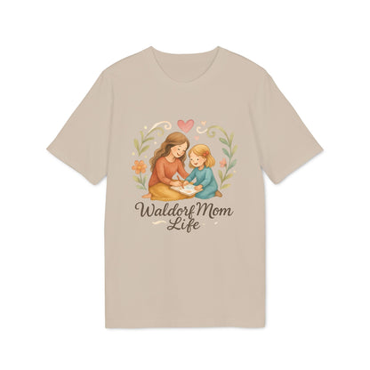 Alt Tag: Waldorf Mom Life 100% Organic Cotton T-Shirt beige tee with mother and child illustration and “Waldorf Mom Life” text