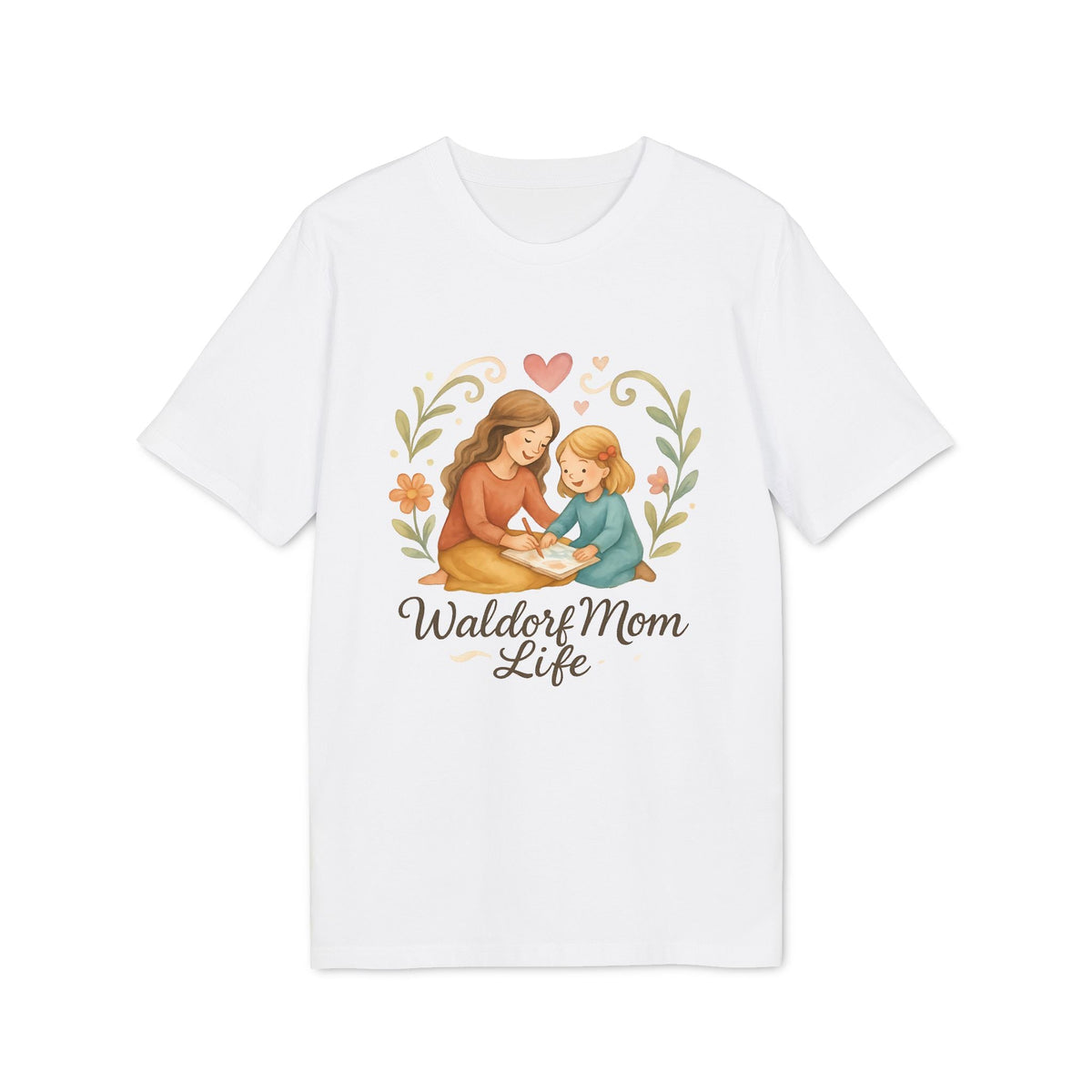 Alt Tag: Waldorf Mom Life 100% Organic Cotton T-Shirt white tee with mother and child illustration and “Waldorf Mom Life” text