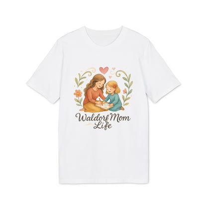 Alt Tag: Waldorf Mom Life 100% Organic Cotton T-Shirt white tee with mother and child illustration and “Waldorf Mom Life” text