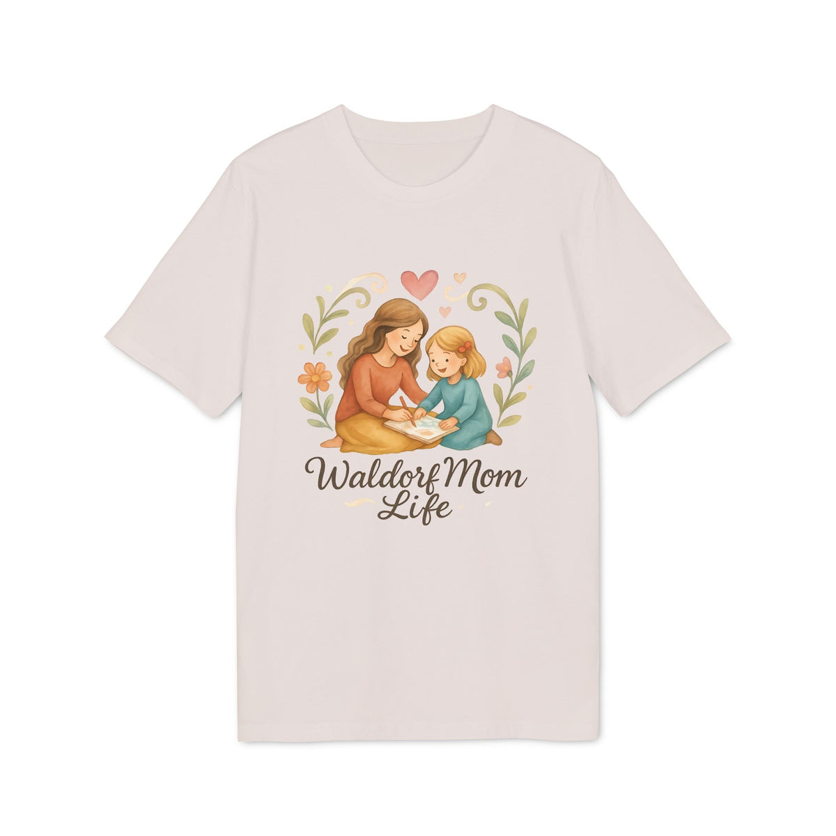 Alt Tag: Waldorf Mom Life 100% Organic Cotton T-Shirt with mother and child illustration and “Waldorf Mom Life” text on light tee