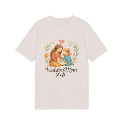 Alt Tag: Waldorf Mom Life 100% Organic Cotton T-Shirt with mother and child illustration and “Waldorf Mom Life” text on light tee