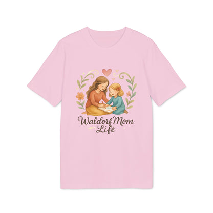 Alt Tag: Waldorf Mom Life 100% Organic Cotton T-Shirt in pink with mother and child illustration and “Waldorf Mom Life” text