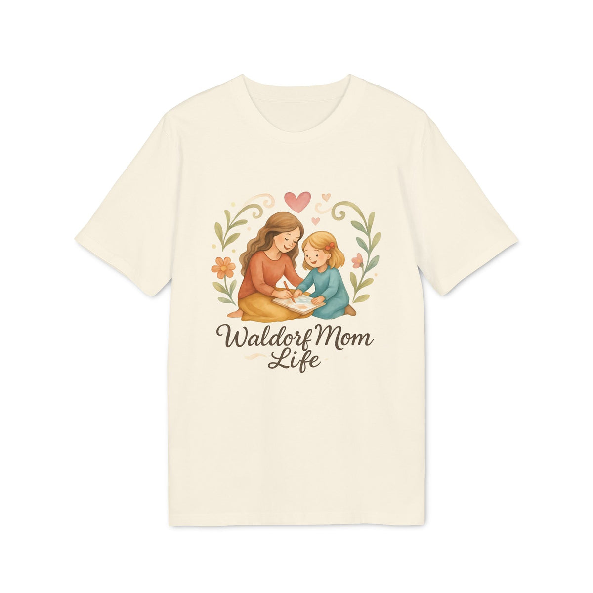 Waldorf Mom Life 100% Organic Cotton T-Shirt con ilustración de mamá y niño, texto “Waldorf Mom Life” en camiseta color crema