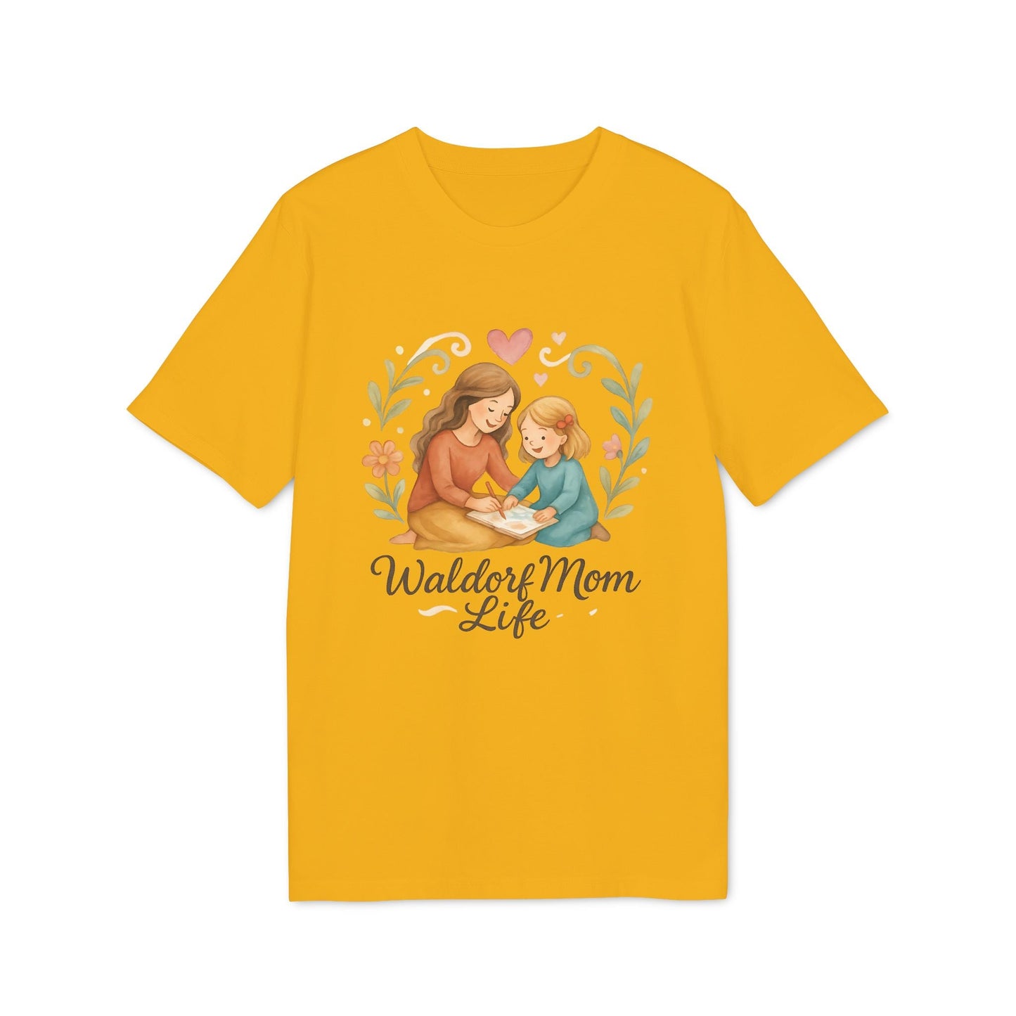 Alt Tag: Waldorf Mom Life 100% Organic Cotton T-Shirt in mustard yellow with illustrated mom and child and “Waldorf Mom Life” text