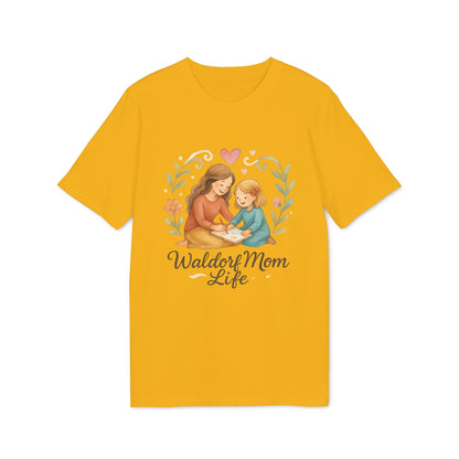 Alt Tag: Waldorf Mom Life 100% Organic Cotton T-Shirt in mustard yellow with illustrated mom and child and “Waldorf Mom Life” text