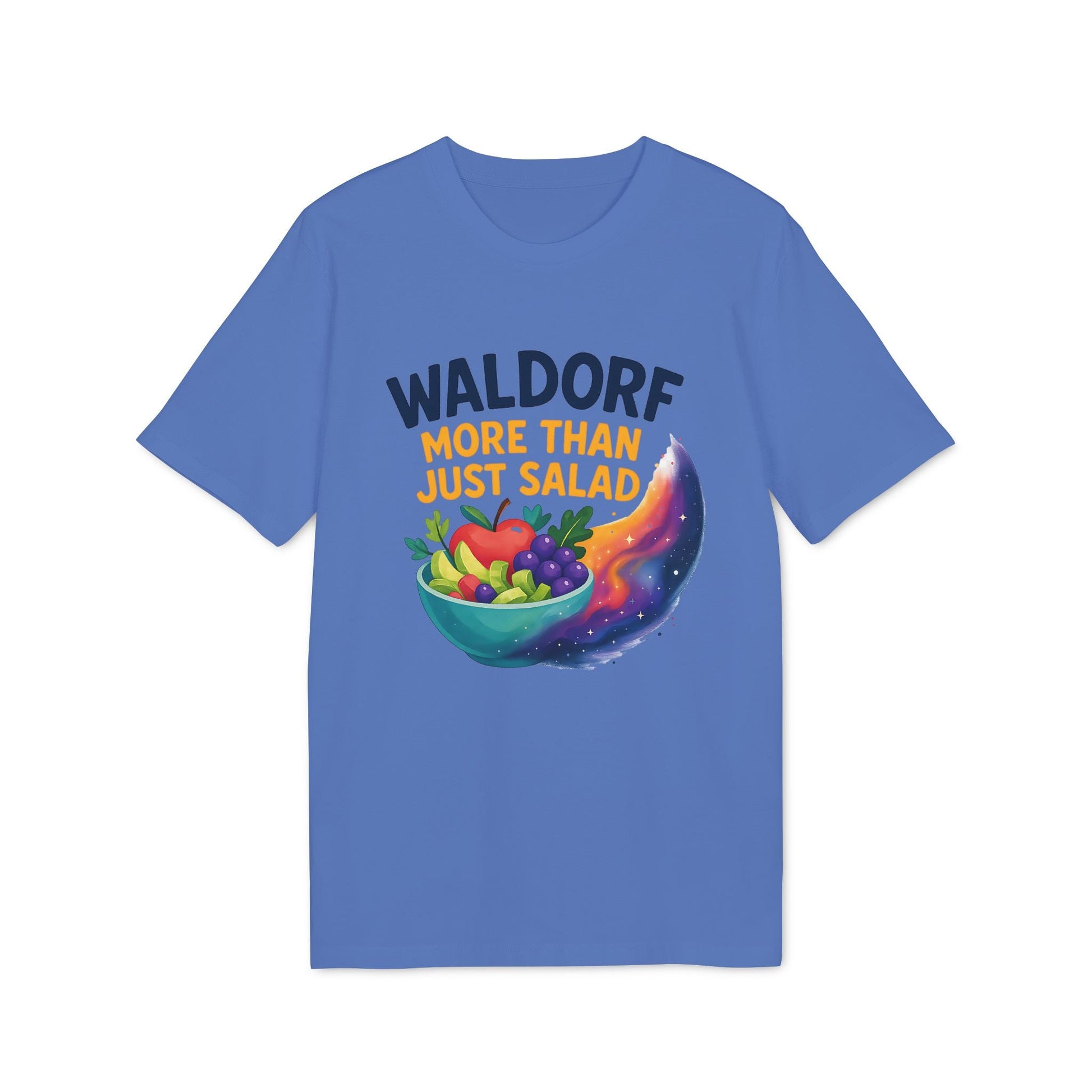 Alt Tag: Waldorf More Than Just Salad 100% Organic Cotton T-Shirt blue graphic tee with fruit salad bowl and colorful swoosh illustration